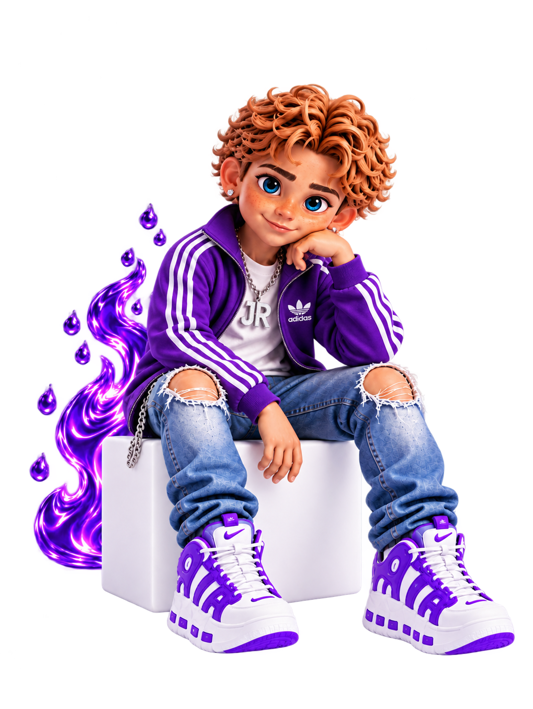 Juniorrr, the animated 3D character with curly copper hair, a purple jacket and purple sneakers, sitting on a white cube.